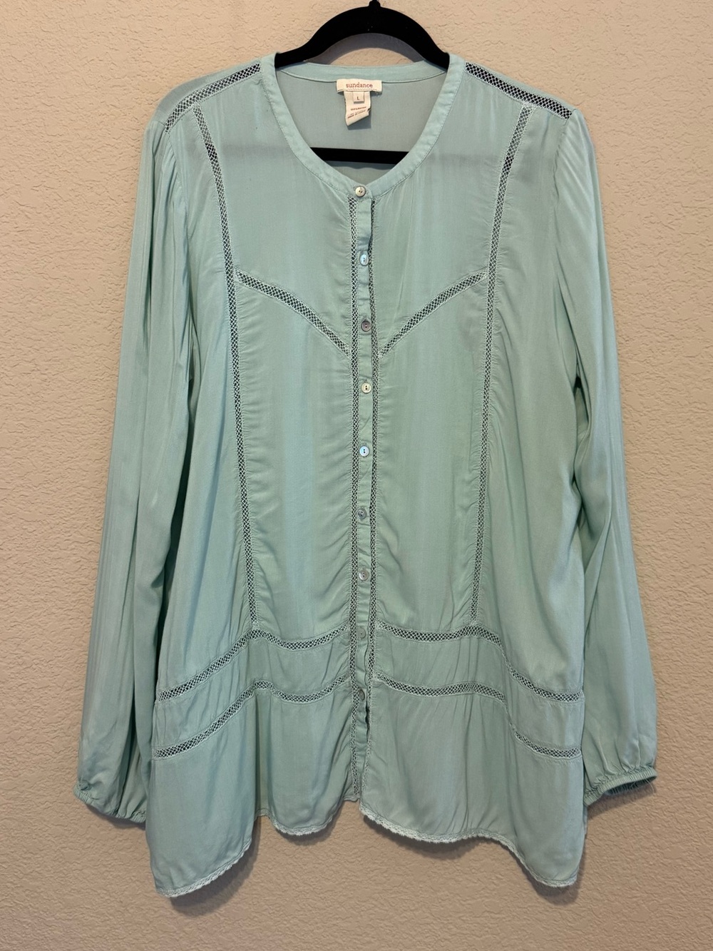 Sundance Blouse L Mint Green Button Front Long Sleeve Boho Rayon Ladder stitch